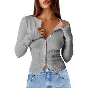 imageSaodimallsu Womens Slim Fit Cardigan Sweaters Sexy Button Crew Neck Fall Trendy Knit Long Sleeve Soft Open Front TopsGrey