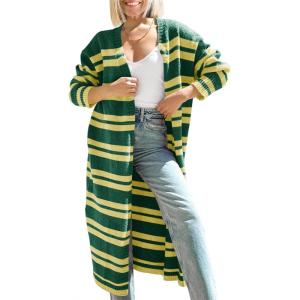 imageSaodimallsu Womens Striped Long Cardigans Open Front Color Block Long Sleeve Loose Knit Fall Duster Sweater CoatGreen