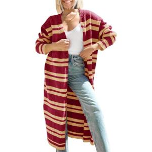 imageSaodimallsu Womens Striped Long Cardigans Open Front Color Block Long Sleeve Loose Knit Fall Duster Sweater CoatWine Red