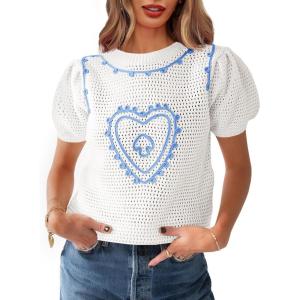 imageSaodimallsu Womens Valentines Sweater Top Heart Puff Short Sleeve Cute Crew Neck Crochet Going Out Loose ShirtsBlue