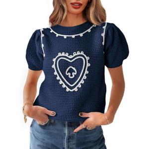 imageSaodimallsu Womens Valentines Sweater Top Heart Puff Short Sleeve Cute Crew Neck Crochet Going Out Loose ShirtsDark Blue