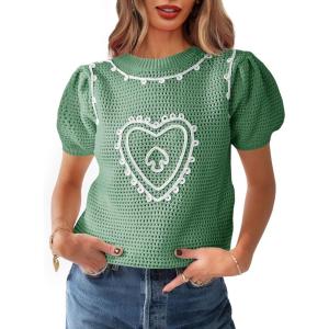 imageSaodimallsu Womens Valentines Sweater Top Heart Puff Short Sleeve Cute Crew Neck Crochet Going Out Loose ShirtsGreen