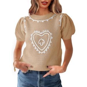 imageSaodimallsu Womens Valentines Sweater Top Heart Puff Short Sleeve Cute Crew Neck Crochet Going Out Loose ShirtsKhaki