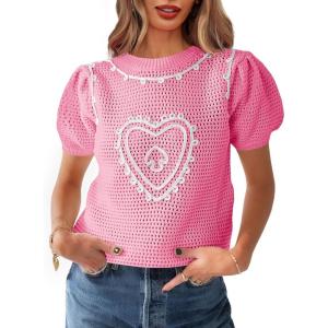 imageSaodimallsu Womens Valentines Sweater Top Heart Puff Short Sleeve Cute Crew Neck Crochet Going Out Loose ShirtsPink