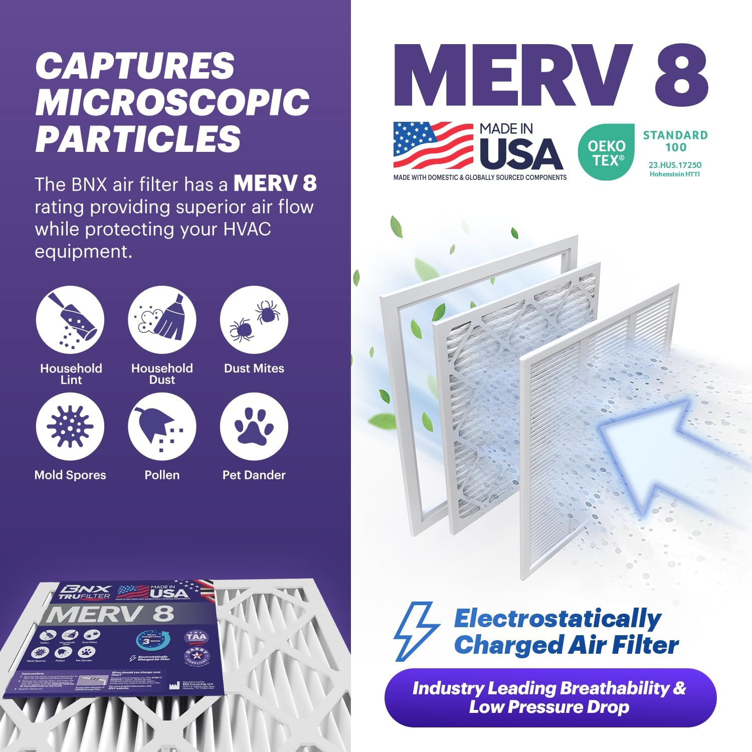 BNX TruFilter 16x25x1 Air Filter MERV 8 6Pack  MADE IN USA  Dust ampamp Pet Defense Electrostatic Pleated Air Conditioner HVAC AC Furnace Filters for Dust Pet Mold Pollen MPR 600  700 ampamp FPR 514x24x1 6Pack