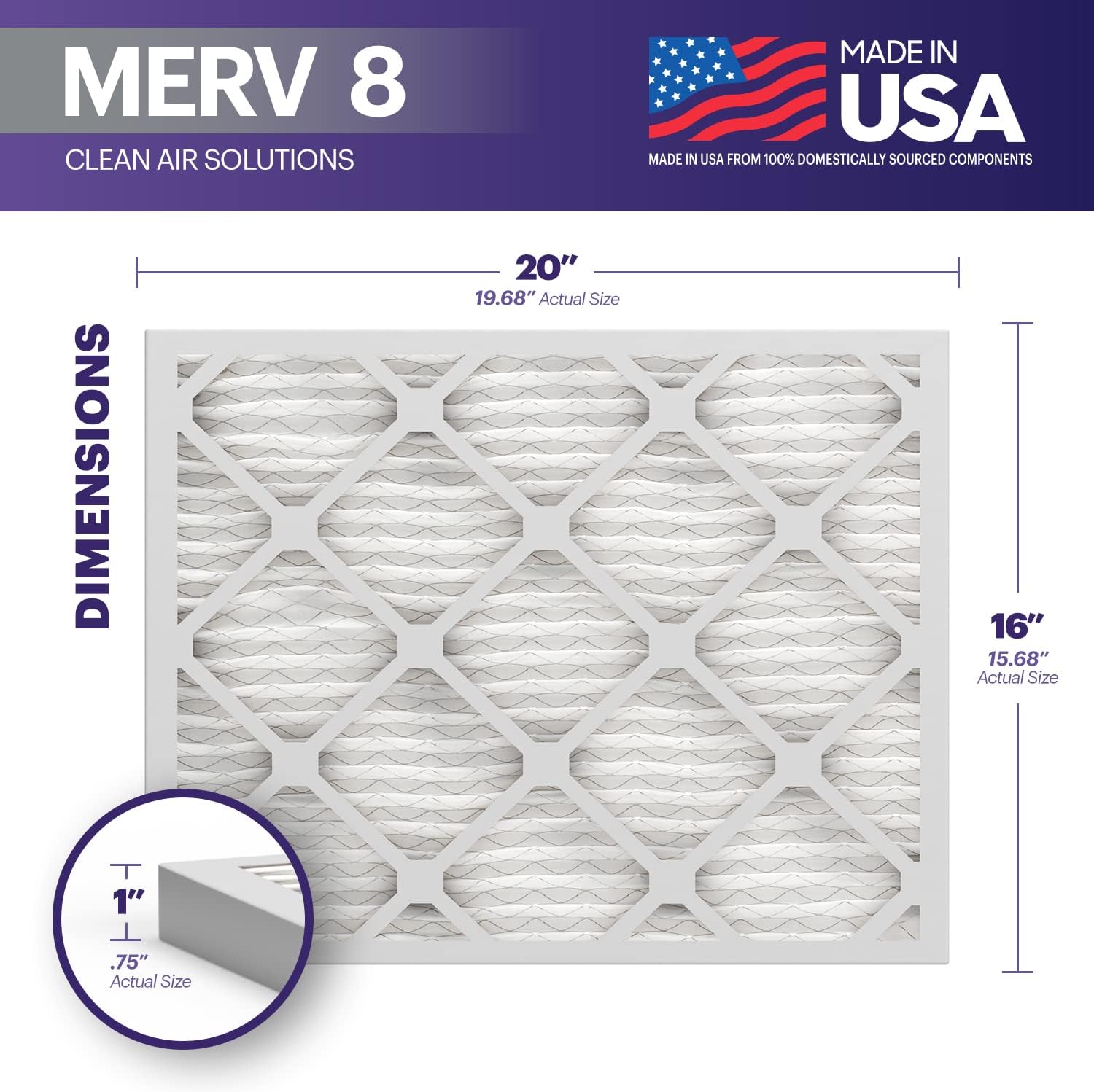 BNX TruFilter 16x25x1 Air Filter MERV 8 6Pack  MADE IN USA  Dust ampamp Pet Defense Electrostatic Pleated Air Conditioner HVAC AC Furnace Filters for Dust Pet Mold Pollen MPR 600  700 ampamp FPR 516x20x1 4Pack
