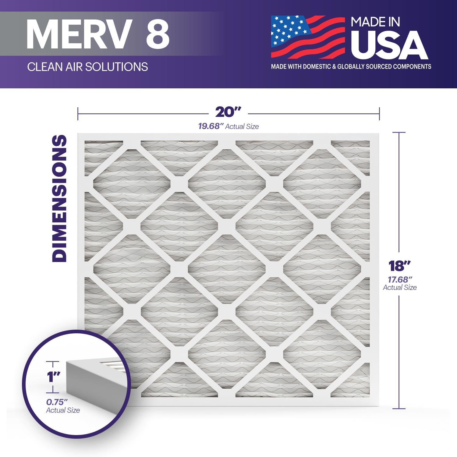 BNX TruFilter 16x25x1 Air Filter MERV 8 6Pack  MADE IN USA  Dust ampamp Pet Defense Electrostatic Pleated Air Conditioner HVAC AC Furnace Filters for Dust Pet Mold Pollen MPR 600  700 ampamp FPR 518x20x1 6Pack