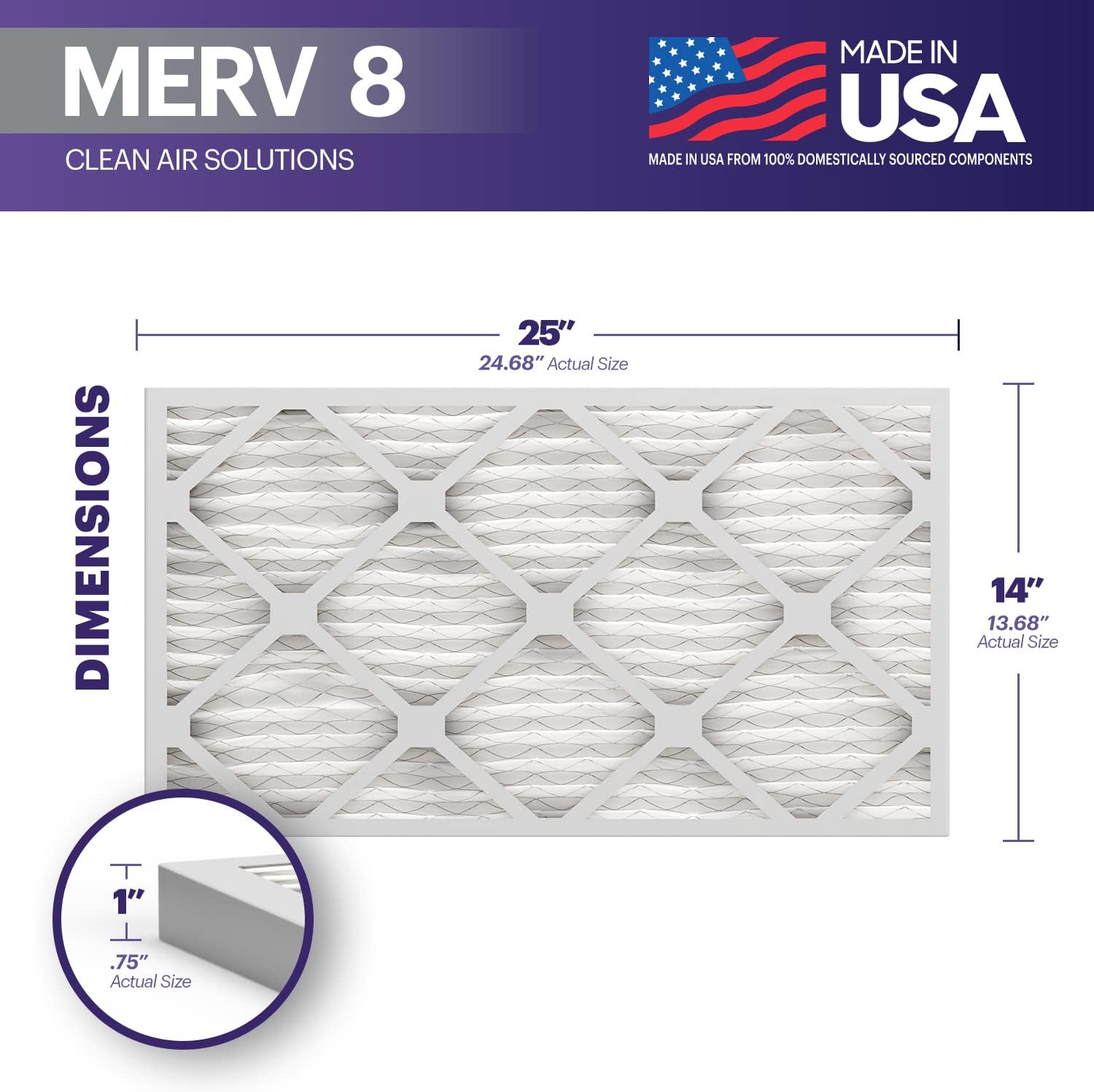 BNX TruFilter 16x25x1 Air Filter MERV 8 6Pack  MADE IN USA  Dust ampamp Pet Defense Electrostatic Pleated Air Conditioner HVAC AC Furnace Filters for Dust Pet Mold Pollen MPR 600  700 ampamp FPR 514x25x1 6Pack