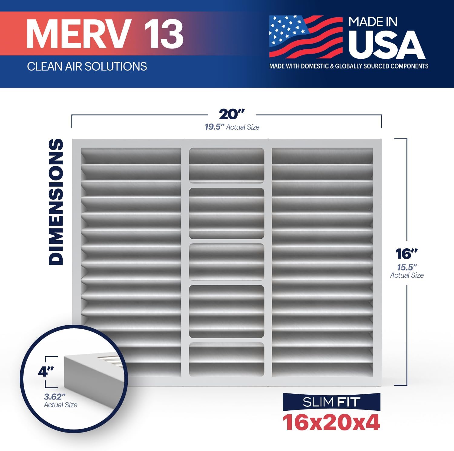 BNX TruFilter 18x20x1 Air Filter MERV 13 4Pack  MADE IN USA  Electrostatic Pleated Air Conditioner HVAC AC Furnace Filters for Allergies Pollen Mold Bacteria Smoke Allergen MPR 1900 FPR 1016x20x4 2Pack Slim Fit