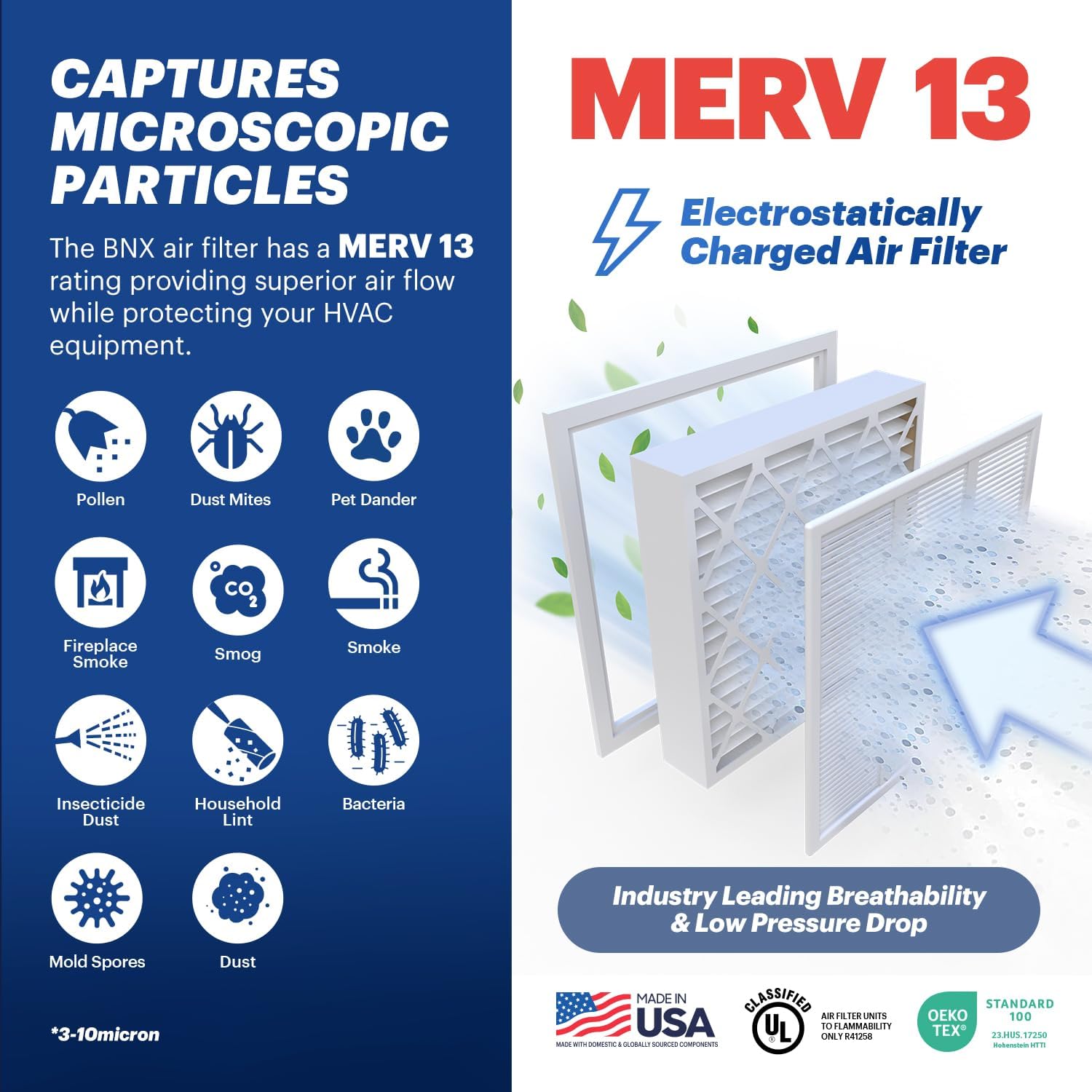 BNX TruFilter 18x20x1 Air Filter MERV 13 4Pack  MADE IN USA  Electrostatic Pleated Air Conditioner HVAC AC Furnace Filters for Allergies Pollen Mold Bacteria Smoke Allergen MPR 1900 FPR 1020x25x4 2Pack AprilAire Compatible