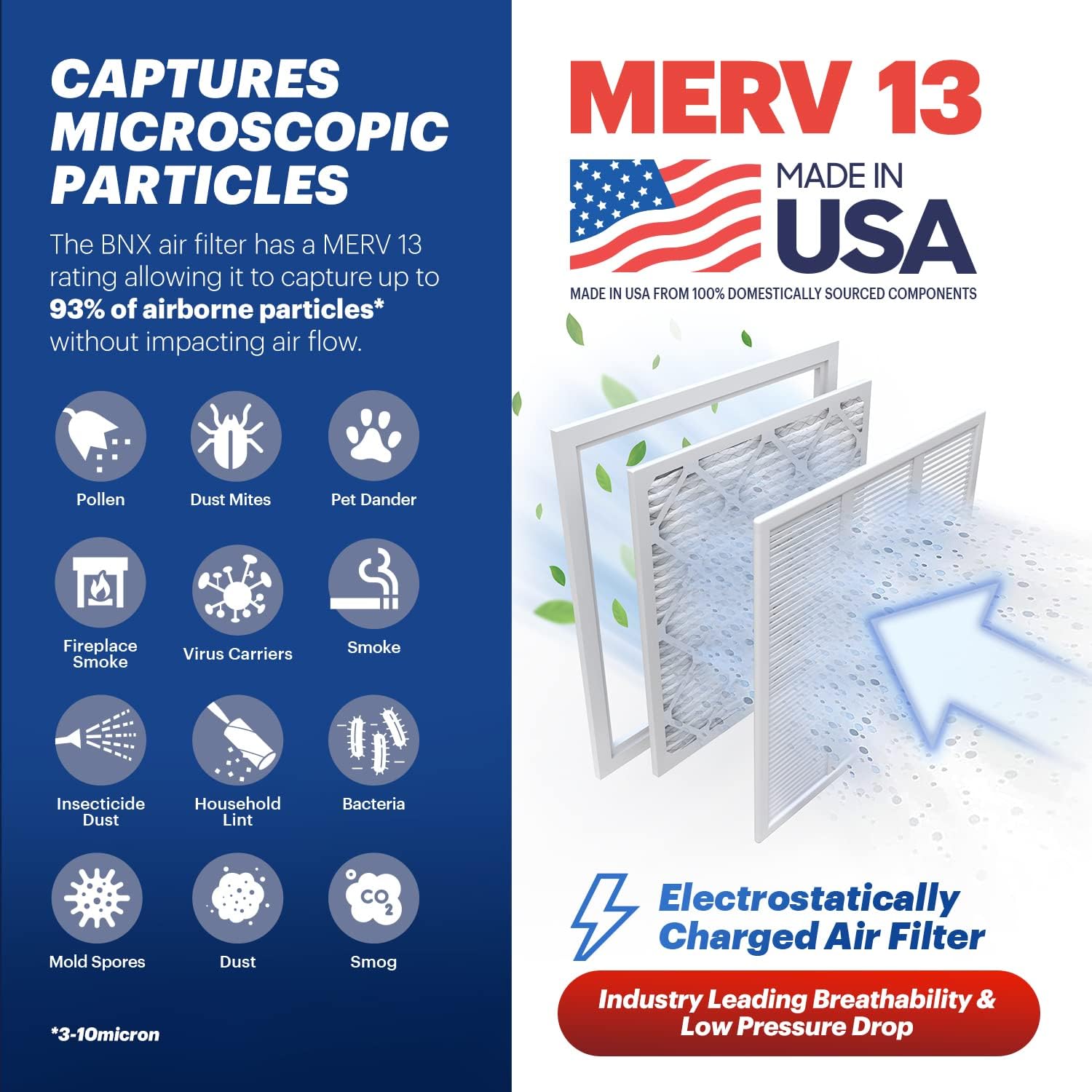 BNX TruFilter 18x20x1 Air Filter MERV 13 4Pack  MADE IN USA  Electrostatic Pleated Air Conditioner HVAC AC Furnace Filters for Allergies Pollen Mold Bacteria Smoke Allergen MPR 1900 FPR 1014x14x1 4Pack