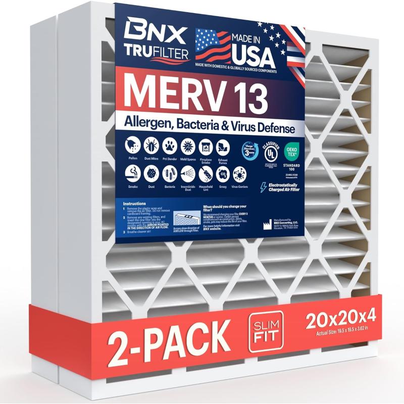 BNX TruFilter 10x10x1 Air Filter MERV 13 6Pack  MADE IN USA  Electrostatic Pleated Air Conditioner HVAC AC Furnace Filters for Allergies Pollen Mold Bacteria Smoke Allergen MPR 1900 FPR 1020x20x4 2Pack Slim Fit