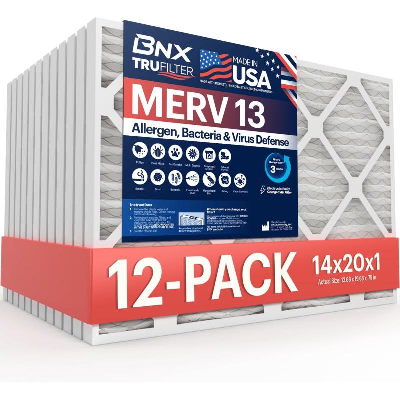 BNX TruFilter 10x10x1 Air Filter MERV 13 6Pack  MADE IN USA  Electrostatic Pleated Air Conditioner HVAC AC Furnace Filters for Allergies Pollen Mold Bacteria Smoke Allergen MPR 1900 FPR 1014x20x1 12Pack