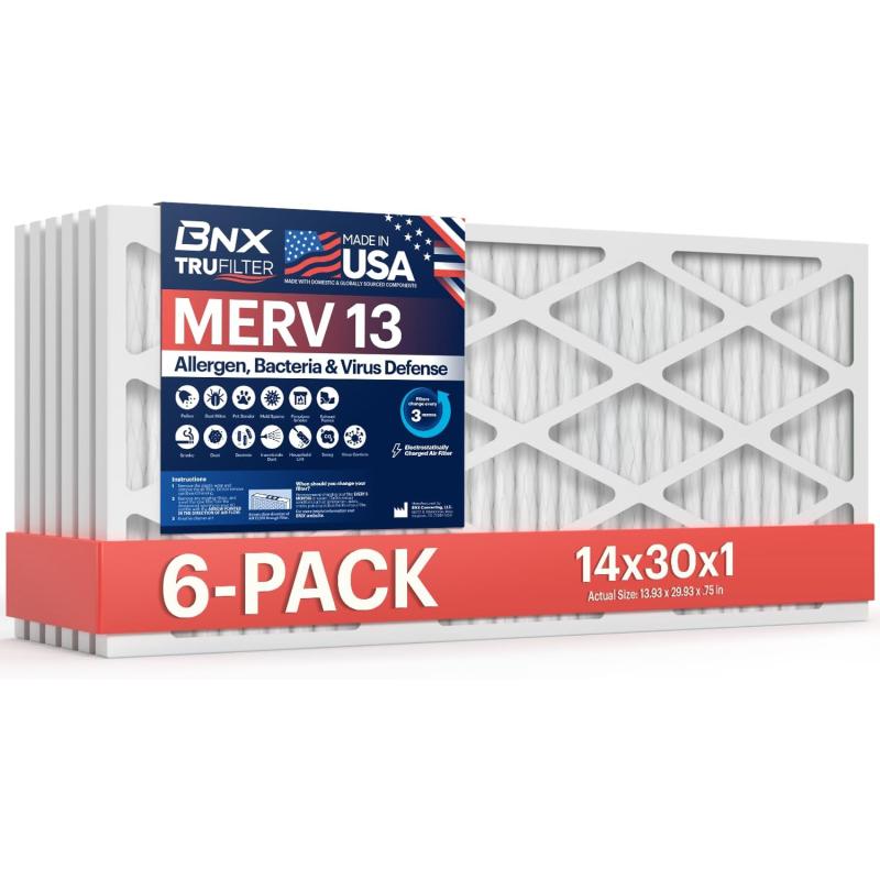 BNX TruFilter 10x10x1 Air Filter MERV 13 6Pack  MADE IN USA  Electrostatic Pleated Air Conditioner HVAC AC Furnace Filters for Allergies Pollen Mold Bacteria Smoke Allergen MPR 1900 FPR 1014x30x1 6Pack