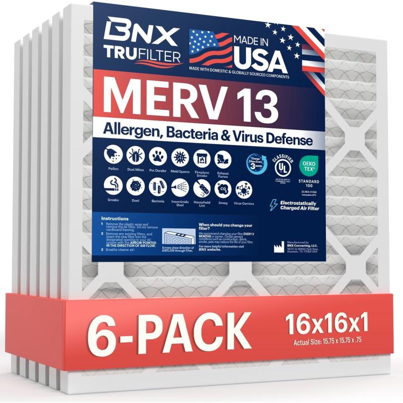 BNX TruFilter 10x10x1 Air Filter MERV 13 6Pack  MADE IN USA  Electrostatic Pleated Air Conditioner HVAC AC Furnace Filters for Allergies Pollen Mold Bacteria Smoke Allergen MPR 1900 FPR 1016x16x1 6Pack