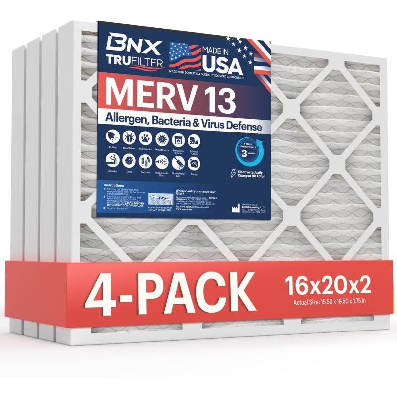 BNX TruFilter 10x10x1 Air Filter MERV 13 6Pack  MADE IN USA  Electrostatic Pleated Air Conditioner HVAC AC Furnace Filters for Allergies Pollen Mold Bacteria Smoke Allergen MPR 1900 FPR 1016x20x2 4Pack