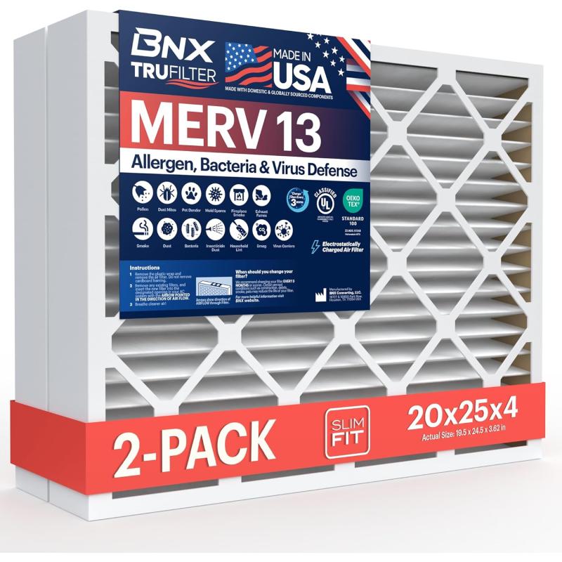 BNX TruFilter 10x10x1 Air Filter MERV 13 6Pack  MADE IN USA  Electrostatic Pleated Air Conditioner HVAC AC Furnace Filters for Allergies Pollen Mold Bacteria Smoke Allergen MPR 1900 FPR 1020x25x4 2Pack Slim Fit