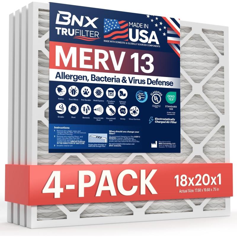 BNX TruFilter 10x10x1 Air Filter MERV 13 6Pack  MADE IN USA  Electrostatic Pleated Air Conditioner HVAC AC Furnace Filters for Allergies Pollen Mold Bacteria Smoke Allergen MPR 1900 FPR 1018x20x1 4Pack