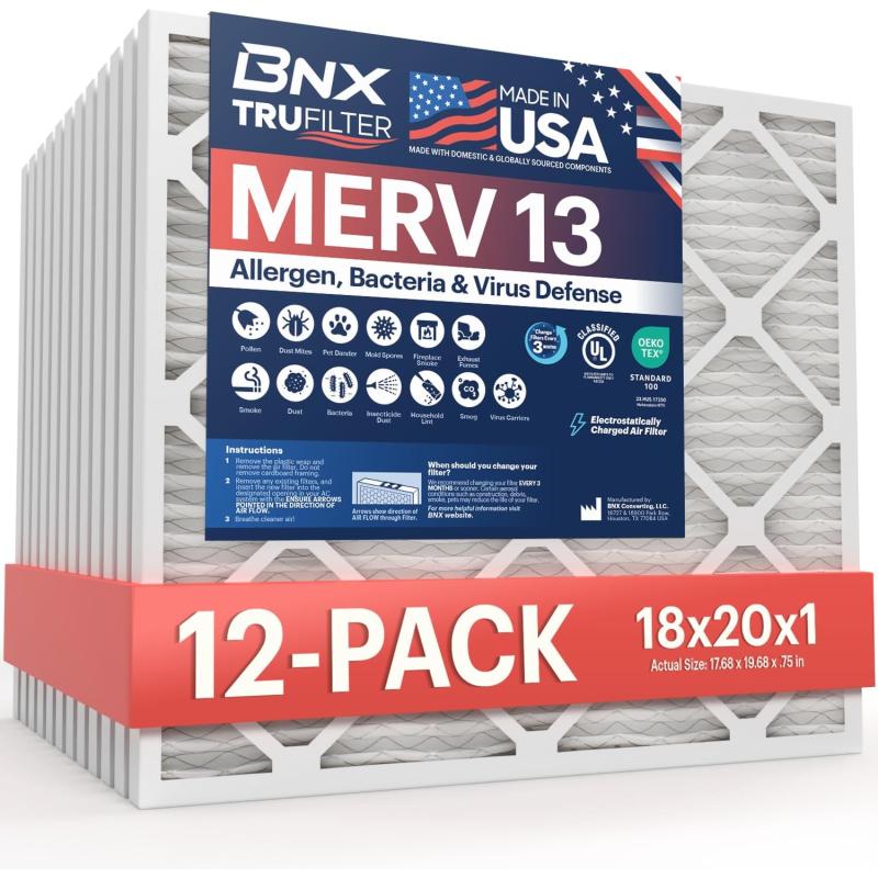 BNX TruFilter 10x10x1 Air Filter MERV 13 6Pack  MADE IN USA  Electrostatic Pleated Air Conditioner HVAC AC Furnace Filters for Allergies Pollen Mold Bacteria Smoke Allergen MPR 1900 FPR 1018x20x1 12Pack