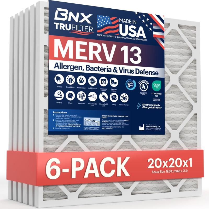 BNX TruFilter 10x10x1 Air Filter MERV 13 6Pack  MADE IN USA  Electrostatic Pleated Air Conditioner HVAC AC Furnace Filters for Allergies Pollen Mold Bacteria Smoke Allergen MPR 1900 FPR 1020x20x1 6Pack