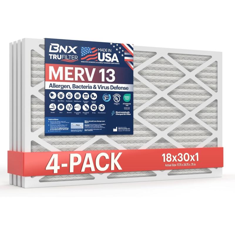 BNX TruFilter 10x10x1 Air Filter MERV 13 6Pack  MADE IN USA  Electrostatic Pleated Air Conditioner HVAC AC Furnace Filters for Allergies Pollen Mold Bacteria Smoke Allergen MPR 1900 FPR 1018x30x1 4Pack