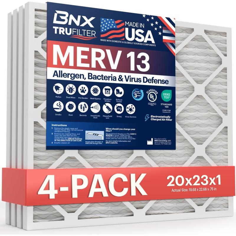 BNX TruFilter 10x10x1 Air Filter MERV 13 6Pack  MADE IN USA  Electrostatic Pleated Air Conditioner HVAC AC Furnace Filters for Allergies Pollen Mold Bacteria Smoke Allergen MPR 1900 FPR 1020x23x1 4Pack
