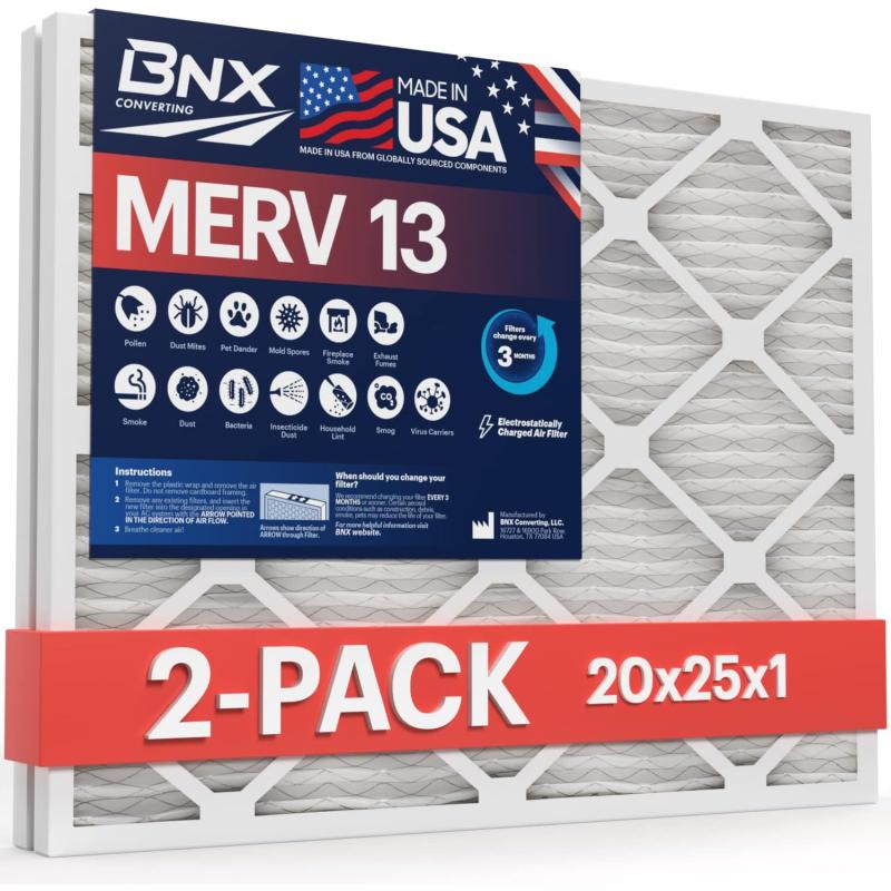 BNX TruFilter 10x10x1 Air Filter MERV 13 6Pack  MADE IN USA  Electrostatic Pleated Air Conditioner HVAC AC Furnace Filters for Allergies Pollen Mold Bacteria Smoke Allergen MPR 1900 FPR 1020x25x1 2Pack