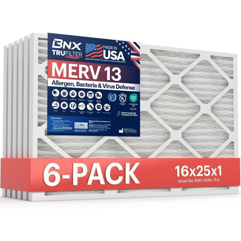 BNX TruFilter 10x10x1 Air Filter MERV 13 6Pack  MADE IN USA  Electrostatic Pleated Air Conditioner HVAC AC Furnace Filters for Allergies Pollen Mold Bacteria Smoke Allergen MPR 1900 FPR 1016x25x1 6Pack