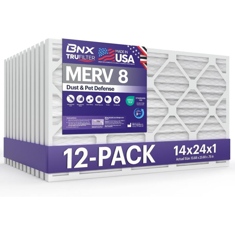 BNX TruFilter 12x12x1 Air Filter MERV 8 6Pack  MADE IN USA  Dust ampamp Pet Defense Pleated Air Conditioner HVAC AC Furnace Filters for Dust Pet Mold Pollen MPR 600  700 ampamp FPR 514x24x1 12Pack