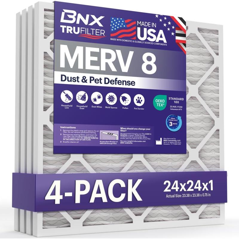 BNX TruFilter 12x12x1 Air Filter MERV 8 6Pack  MADE IN USA  Dust ampamp Pet Defense Pleated Air Conditioner HVAC AC Furnace Filters for Dust Pet Mold Pollen MPR 600  700 ampamp FPR 524x24x1 4Pack