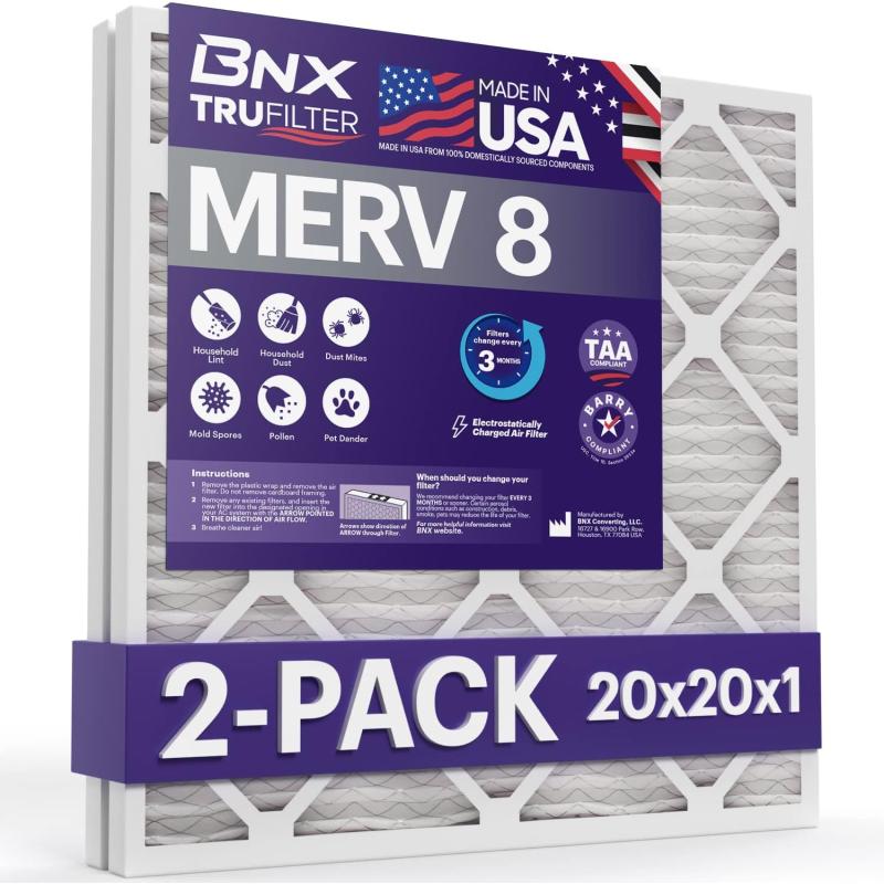 BNX TruFilter 12x12x1 Air Filter MERV 8 6Pack  MADE IN USA  Dust ampamp Pet Defense Pleated Air Conditioner HVAC AC Furnace Filters for Dust Pet Mold Pollen MPR 600  700 ampamp FPR 520x20x1 2Pack