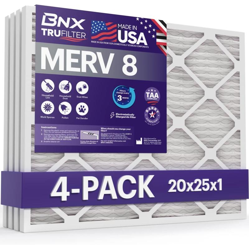 BNX TruFilter 12x12x1 Air Filter MERV 8 6Pack  MADE IN USA  Dust ampamp Pet Defense Pleated Air Conditioner HVAC AC Furnace Filters for Dust Pet Mold Pollen MPR 600  700 ampamp FPR 520x25x1 4Pack