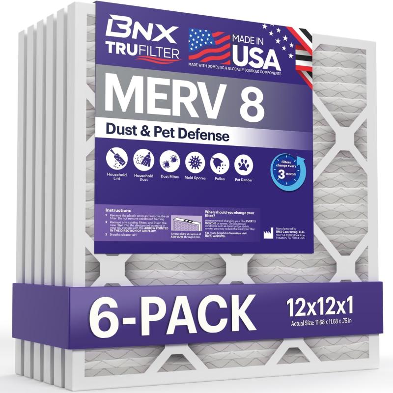 BNX TruFilter 12x12x1 Air Filter MERV 8 6Pack  MADE IN USA  Dust ampamp Pet Defense Pleated Air Conditioner HVAC AC Furnace Filters for Dust Pet Mold Pollen MPR 600  700 ampamp FPR 512x12x1 6Pack