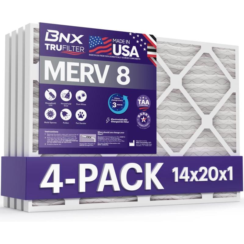 BNX TruFilter 12x12x1 Air Filter MERV 8 6Pack  MADE IN USA  Dust ampamp Pet Defense Pleated Air Conditioner HVAC AC Furnace Filters for Dust Pet Mold Pollen MPR 600  700 ampamp FPR 514x20x1 4Pack
