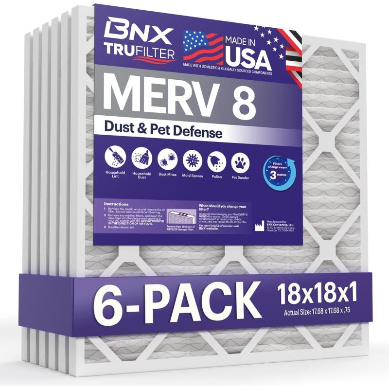 BNX TruFilter 12x12x1 Air Filter MERV 8 6Pack  MADE IN USA  Dust ampamp Pet Defense Pleated Air Conditioner HVAC AC Furnace Filters for Dust Pet Mold Pollen MPR 600  700 ampamp FPR 518x18x1 6Pack