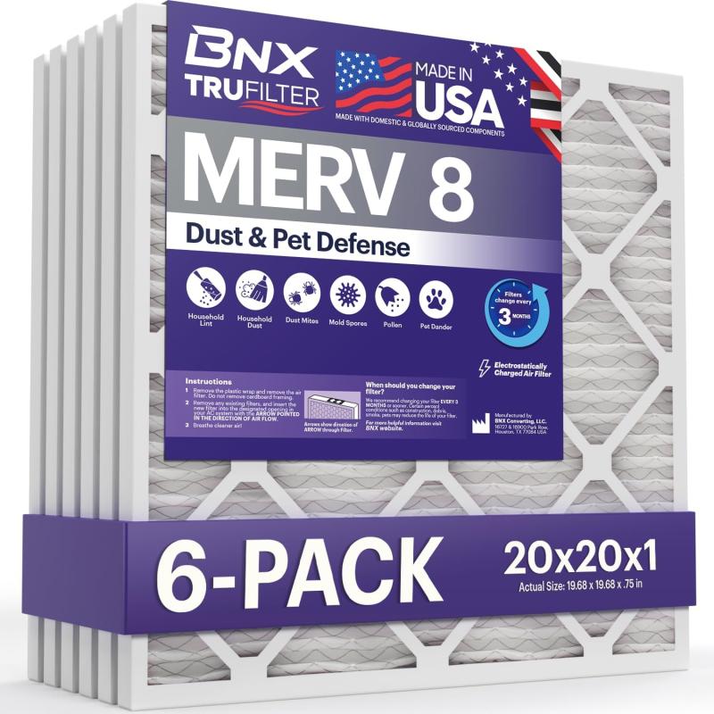BNX TruFilter 12x12x1 Air Filter MERV 8 6Pack  MADE IN USA  Dust ampamp Pet Defense Pleated Air Conditioner HVAC AC Furnace Filters for Dust Pet Mold Pollen MPR 600  700 ampamp FPR 520x20x1 6Pack
