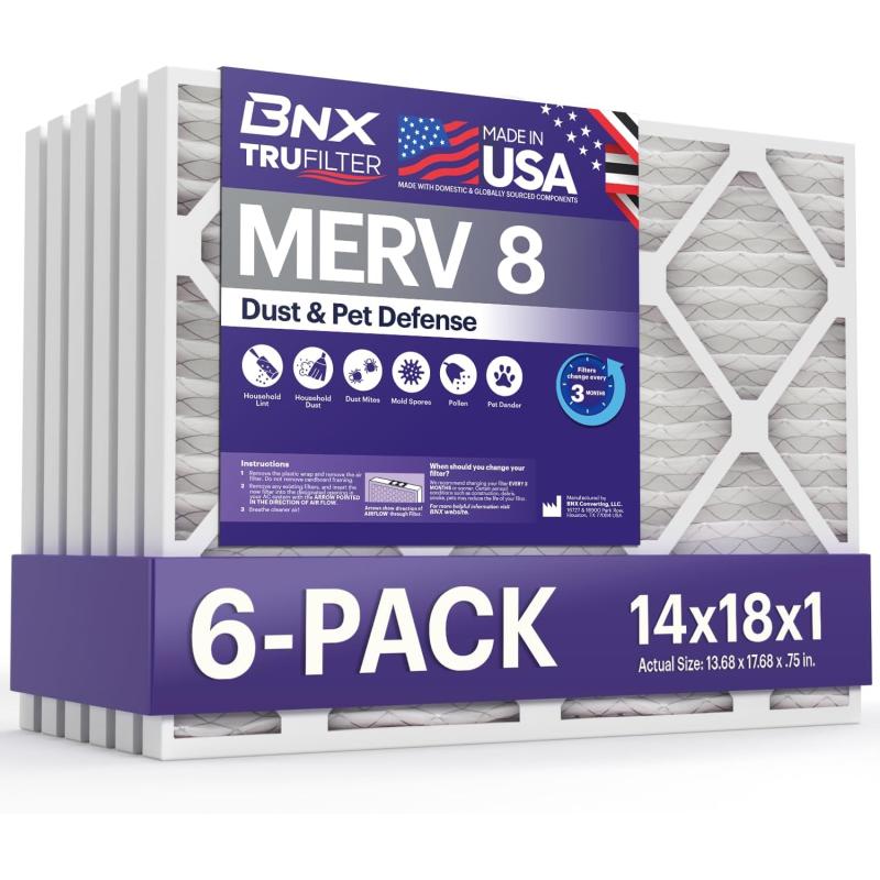 BNX TruFilter 12x12x1 Air Filter MERV 8 6Pack  MADE IN USA  Dust ampamp Pet Defense Pleated Air Conditioner HVAC AC Furnace Filters for Dust Pet Mold Pollen MPR 600  700 ampamp FPR 514x18x1 6Pack