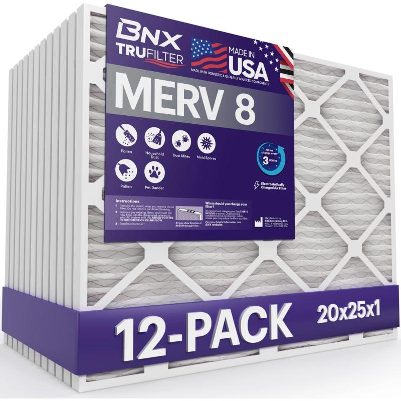 BNX TruFilter 12x12x1 Air Filter MERV 8 6Pack  MADE IN USA  Dust ampamp Pet Defense Pleated Air Conditioner HVAC AC Furnace Filters for Dust Pet Mold Pollen MPR 600  700 ampamp FPR 520x25x1 12Pack