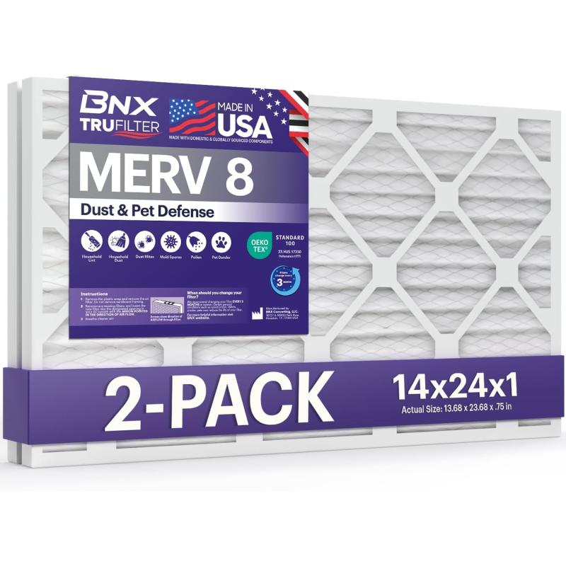 BNX TruFilter 12x12x1 Air Filter MERV 8 6Pack  MADE IN USA  Dust ampamp Pet Defense Pleated Air Conditioner HVAC AC Furnace Filters for Dust Pet Mold Pollen MPR 600  700 ampamp FPR 514x24x1 2Pack