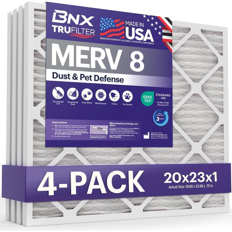 BNX TruFilter 12x12x1 Air Filter MERV 8 6Pack  MADE IN USA  Dust ampamp Pet Defense Pleated Air Conditioner HVAC AC Furnace Filters for Dust Pet Mold Pollen MPR 600  700 ampamp FPR 520x23x1 4Pack