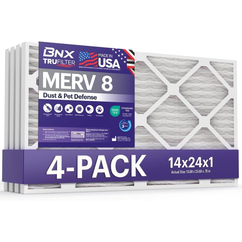 BNX TruFilter 12x12x1 Air Filter MERV 8 6Pack  MADE IN USA  Dust ampamp Pet Defense Pleated Air Conditioner HVAC AC Furnace Filters for Dust Pet Mold Pollen MPR 600  700 ampamp FPR 514x24x1 4Pack