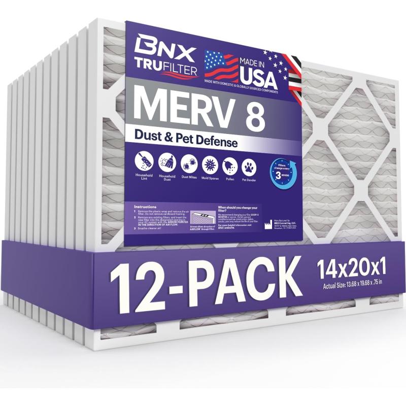 BNX TruFilter 12x12x1 Air Filter MERV 8 6Pack  MADE IN USA  Dust ampamp Pet Defense Pleated Air Conditioner HVAC AC Furnace Filters for Dust Pet Mold Pollen MPR 600  700 ampamp FPR 514x20x1 12Pack