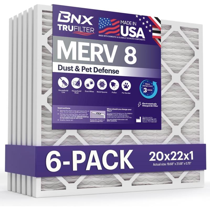 BNX TruFilter 16x25x1 Air Filter MERV 8 6Pack  MADE IN USA  Dust ampamp Pet Defense Electrostatic Pleated Air Conditioner HVAC AC Furnace Filters for Dust Pet Mold Pollen MPR 600  700 ampamp FPR 520x22x1 6Pack