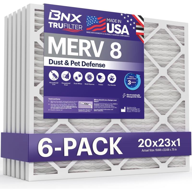 BNX TruFilter 16x25x1 Air Filter MERV 8 6Pack  MADE IN USA  Dust ampamp Pet Defense Electrostatic Pleated Air Conditioner HVAC AC Furnace Filters for Dust Pet Mold Pollen MPR 600  700 ampamp FPR 520x23x1 6Pack