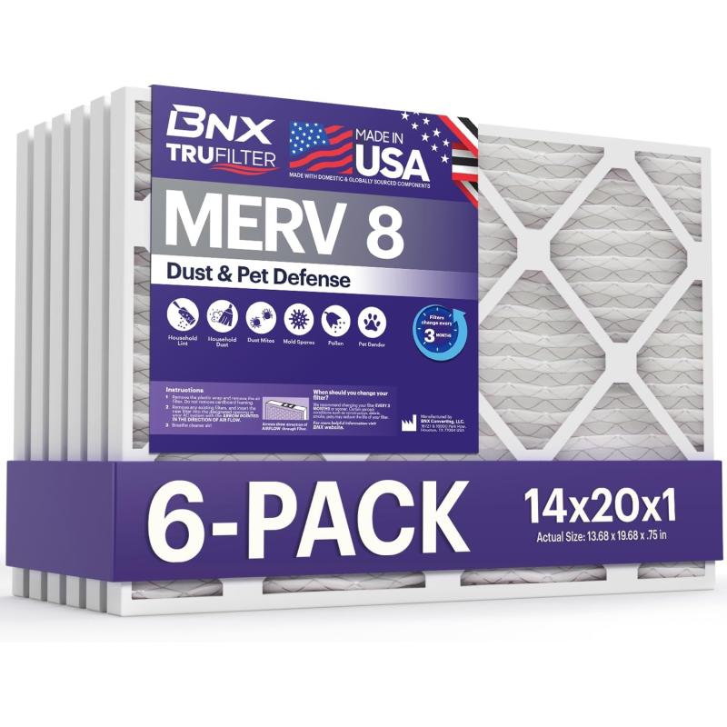BNX TruFilter 16x25x1 Air Filter MERV 8 6Pack  MADE IN USA  Dust ampamp Pet Defense Electrostatic Pleated Air Conditioner HVAC AC Furnace Filters for Dust Pet Mold Pollen MPR 600  700 ampamp FPR 514x20x1 6Pack