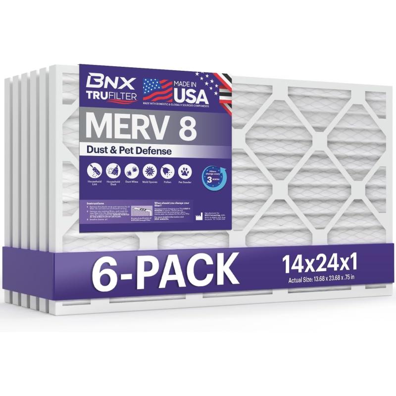 BNX TruFilter 16x25x1 Air Filter MERV 8 6Pack  MADE IN USA  Dust ampamp Pet Defense Electrostatic Pleated Air Conditioner HVAC AC Furnace Filters for Dust Pet Mold Pollen MPR 600  700 ampamp FPR 514x24x1 6Pack