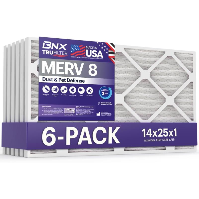 BNX TruFilter 16x25x1 Air Filter MERV 8 6Pack  MADE IN USA  Dust ampamp Pet Defense Electrostatic Pleated Air Conditioner HVAC AC Furnace Filters for Dust Pet Mold Pollen MPR 600  700 ampamp FPR 514x25x1 6Pack