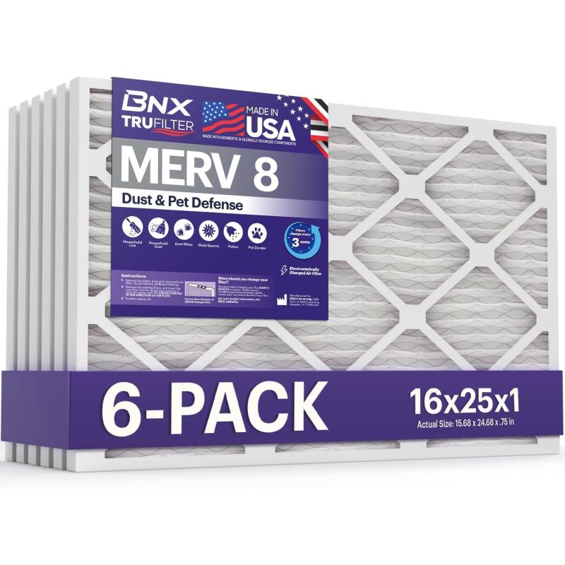 BNX TruFilter 16x25x1 Air Filter MERV 8 6Pack  MADE IN USA  Dust ampamp Pet Defense Electrostatic Pleated Air Conditioner HVAC AC Furnace Filters for Dust Pet Mold Pollen MPR 600  700 ampamp FPR 516x25x1 6Pack