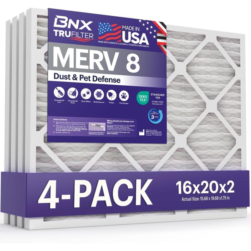 BNX TruFilter 16x25x1 Air Filter MERV 8 6Pack  MADE IN USA  Dust ampamp Pet Defense Electrostatic Pleated Air Conditioner HVAC AC Furnace Filters for Dust Pet Mold Pollen MPR 600  700 ampamp FPR 516x20x2 4Pack