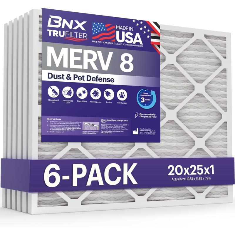 BNX TruFilter 16x25x1 Air Filter MERV 8 6Pack  MADE IN USA  Dust ampamp Pet Defense Electrostatic Pleated Air Conditioner HVAC AC Furnace Filters for Dust Pet Mold Pollen MPR 600  700 ampamp FPR 520x25x1 6Pack